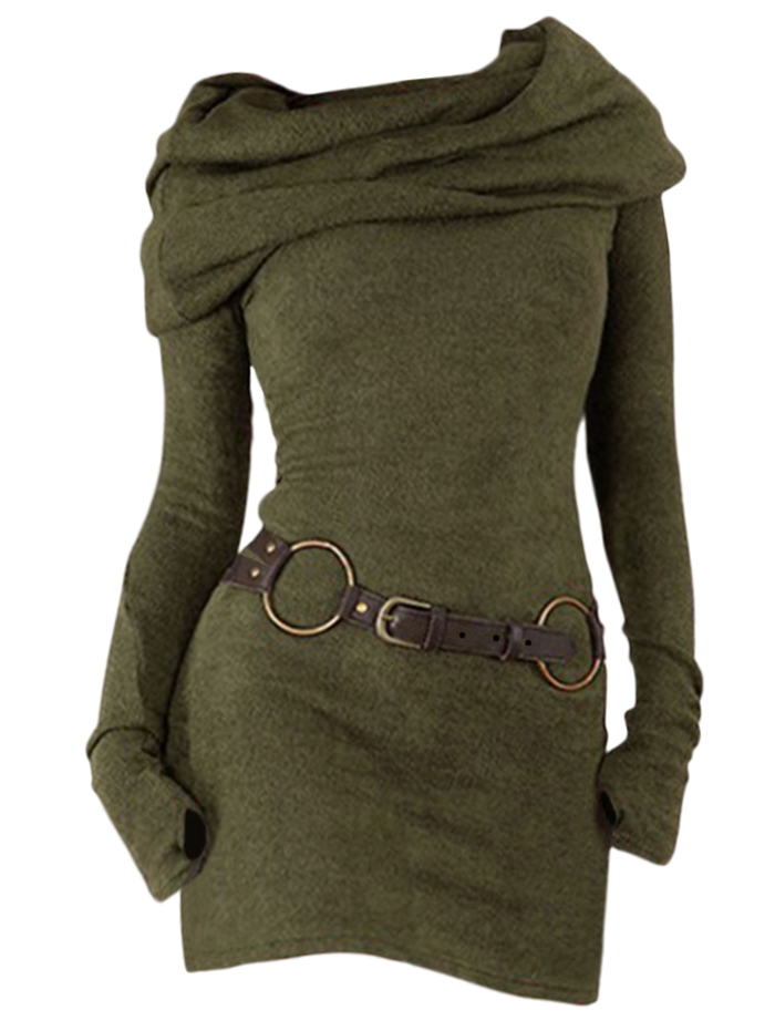 Dressfo robe femme à capuche col bénitier pull en tricot trou de pouce manches longues ceinturée robe tricotée vestidos