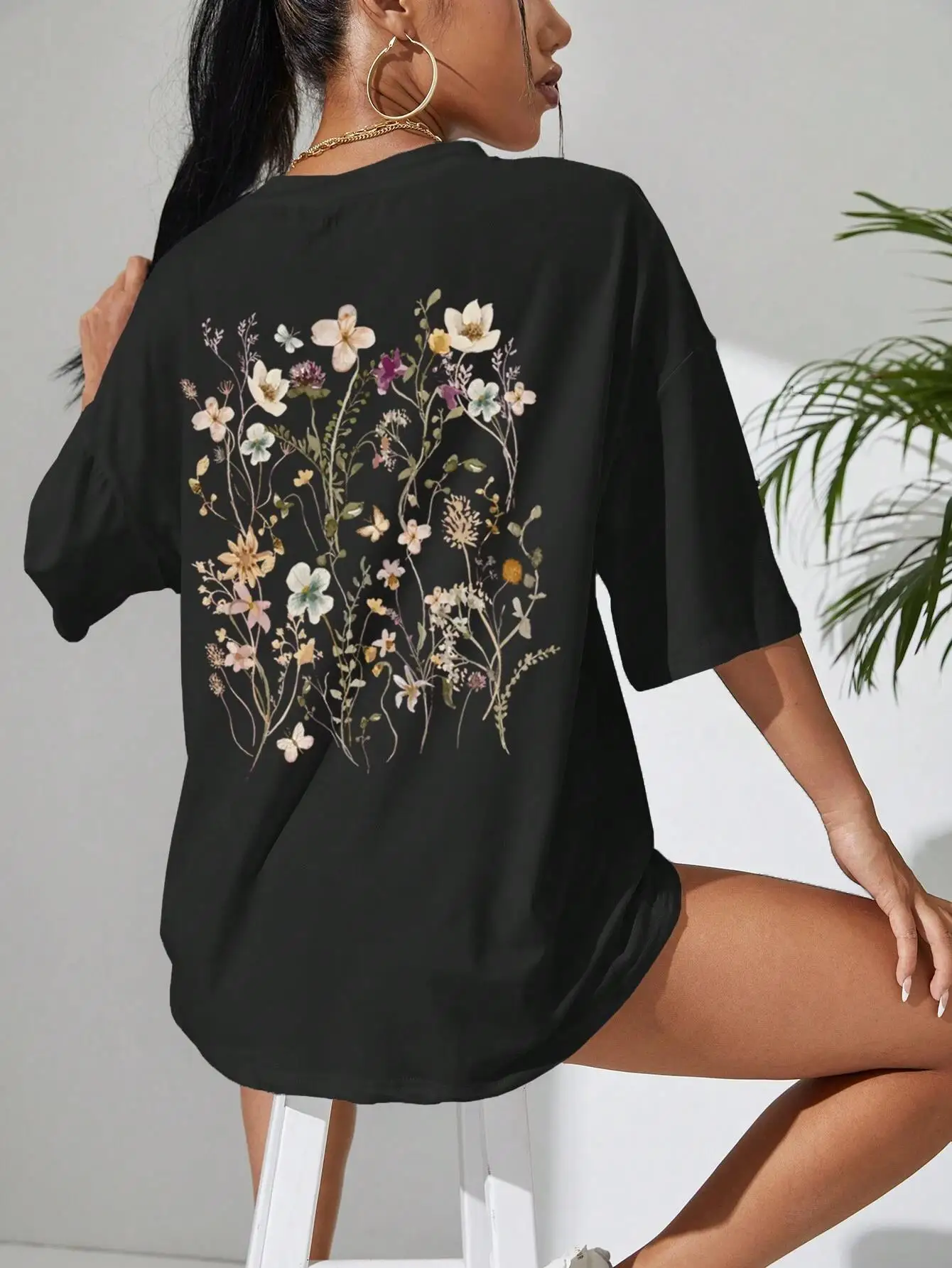 Mode américaine Ins belle fleur grappe impression coton femmes T-shirt été décontracté respirant doux ample haut confortable