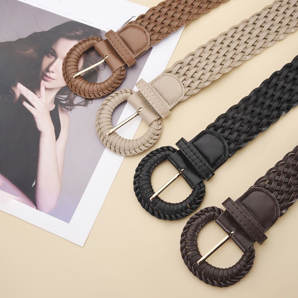 Ceinture décontractée tressée, large, en cuir PU, style bohème, avec découpes rondes, pour femme