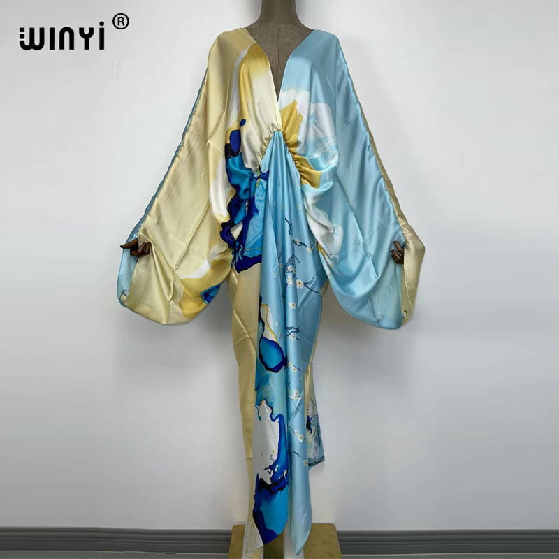 WINYI-Robe longue de plage en V profond, style bohème, kaftan, soie, rayonne, imprimé, mode 2022