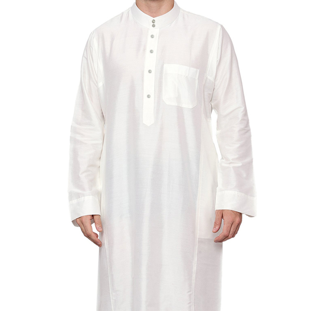 Islamique blanc Jalabiya Khamis arabe Kurta pyjama vêtements pour hommes noir Thobe musulman Polyester hommes Robe de prière dubaï caftan