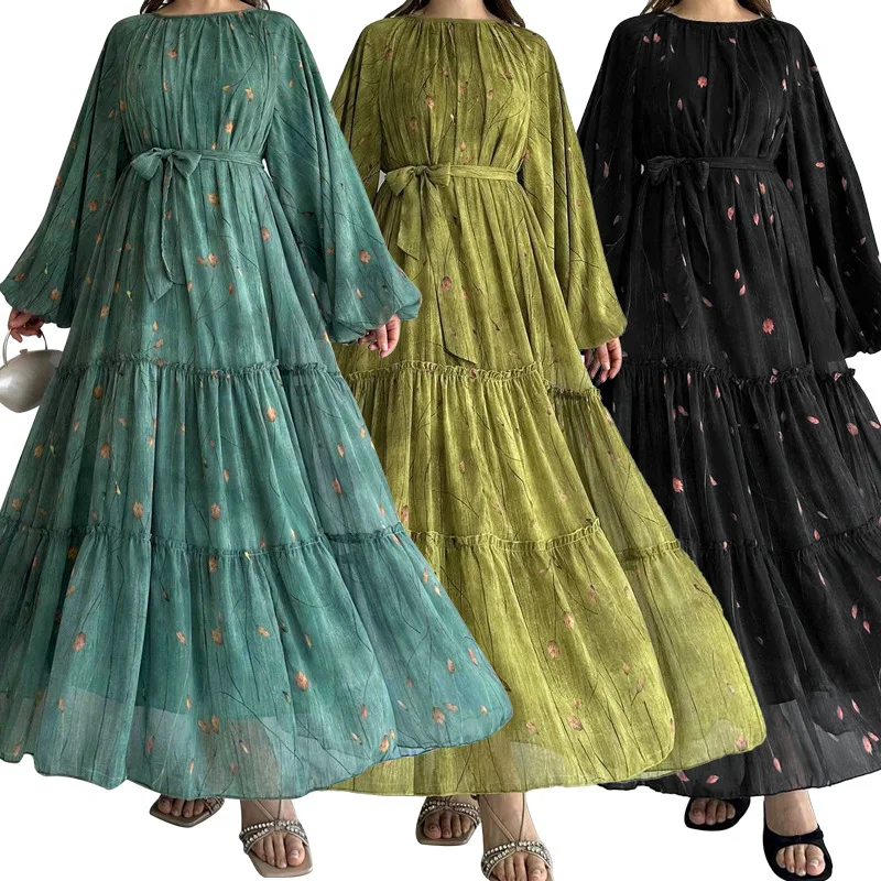 Eid Robe Abaya musulmane pour femmes imprimer ceintures en mousseline de soie Jalabiya caftan Islam arabe longue Robe Ramadan maroc Abayas tenues
