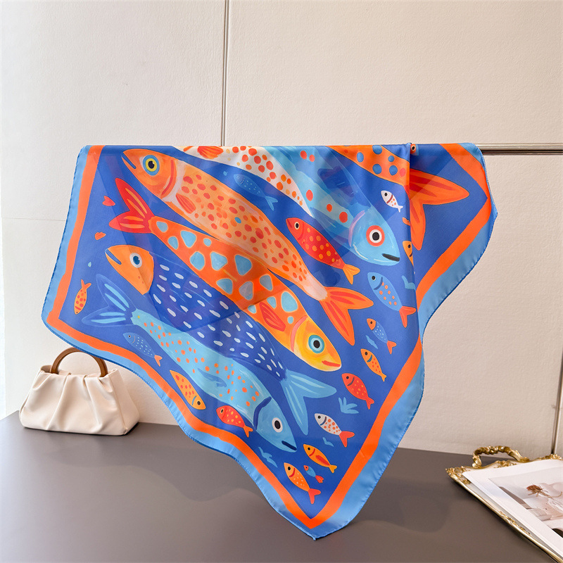 Foulards carrés en soie à motif poisson coloré pour femmes, élégants hijabs toutes saisons, écharpes décoratives pour le cou, bandanas doux