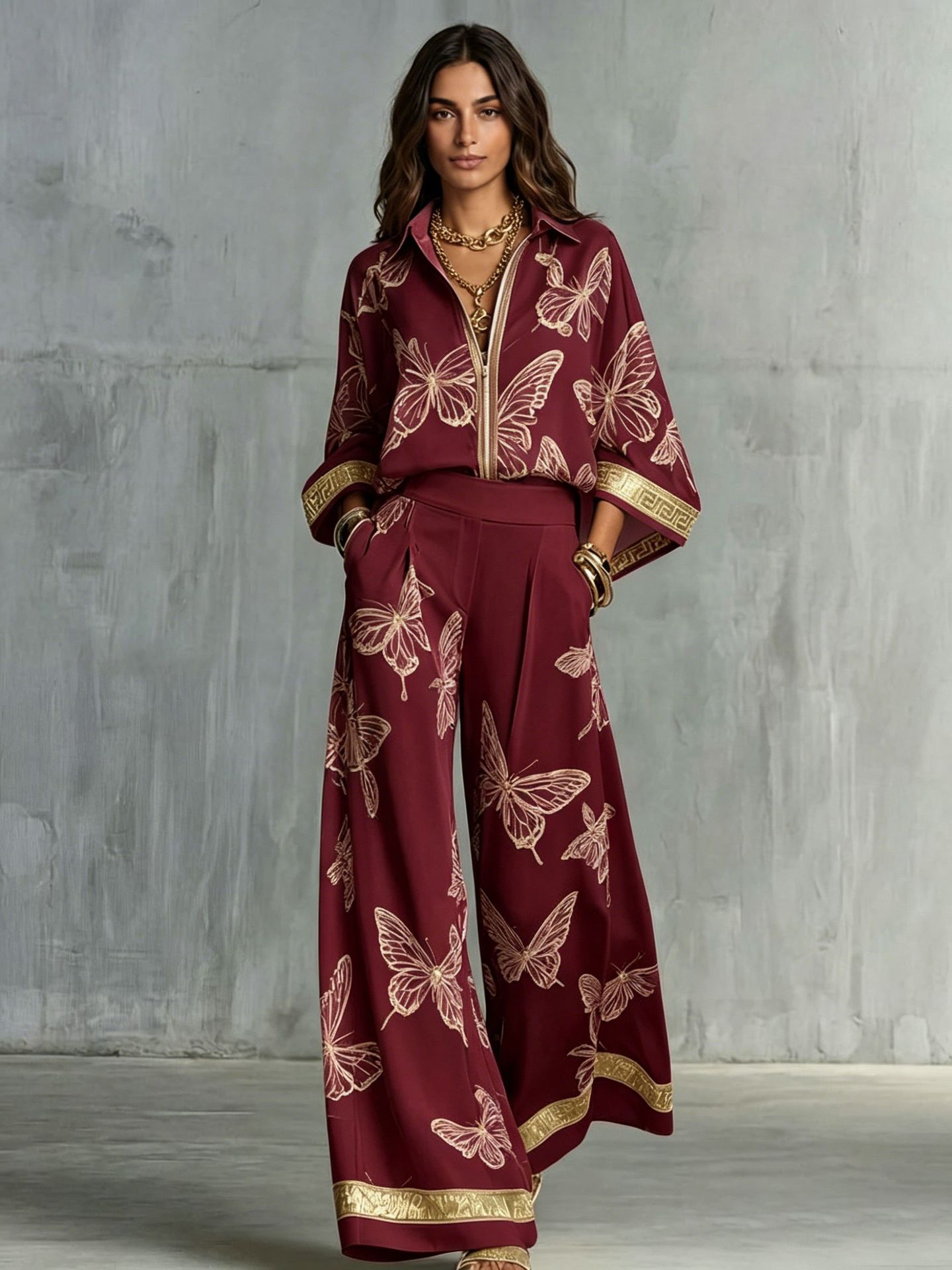 Ensemble chemise et pantalon imprimés surdimensionnés pour femmes, haut à col à revers et manches longues, pantalon à taille haute élastique et jambes larges, ensemble deux pièces pour femmes.