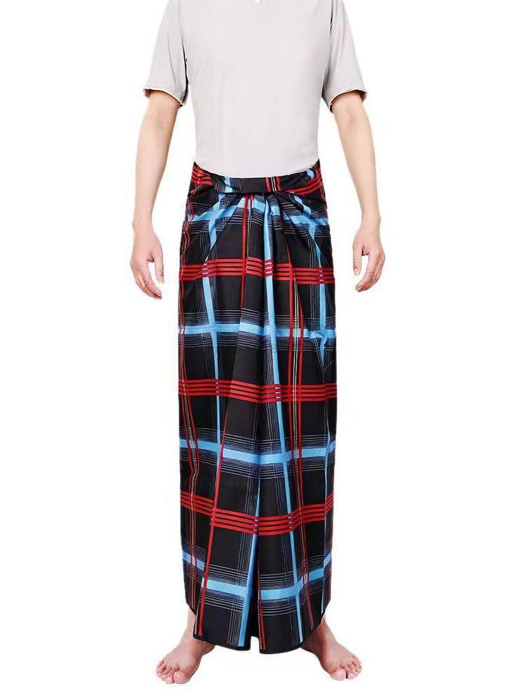 Sarong unisexe Longyi Lungi Batik, jupe portefeuille à imprimé floral d'Asie du Sud-Est, pour l'été, la plage, les vacances décontractées, bleu sarcelle avec bordure dorée, style thaïlandais.