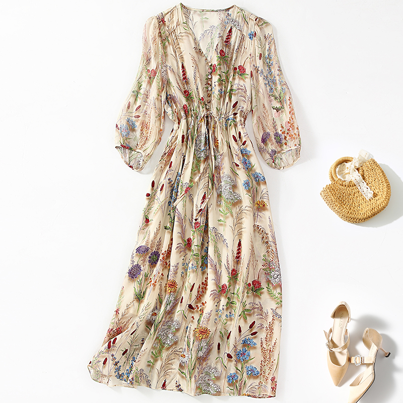 Robe de vacances en soie véritable pour femmes, col en v, élégante, Chic, imprimé Floral, longue, ligne a, printemps été, 100%