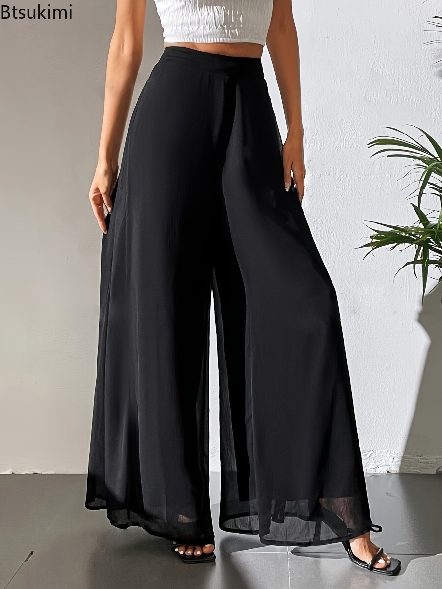 Pantalon décontracté d'été pour femme 2026 – Pantalon ample pour maman, polyvalent, en soie glacée et mousseline, coupe large, droit, décontracté, longueur 9/10