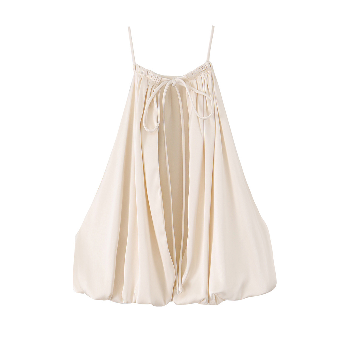 Top court en satin champagne pour femmes, col halter, débardeur plissé, élégant, blanc cassé, ourlet à bulles, dos nu, chemisier de soirée estivale.