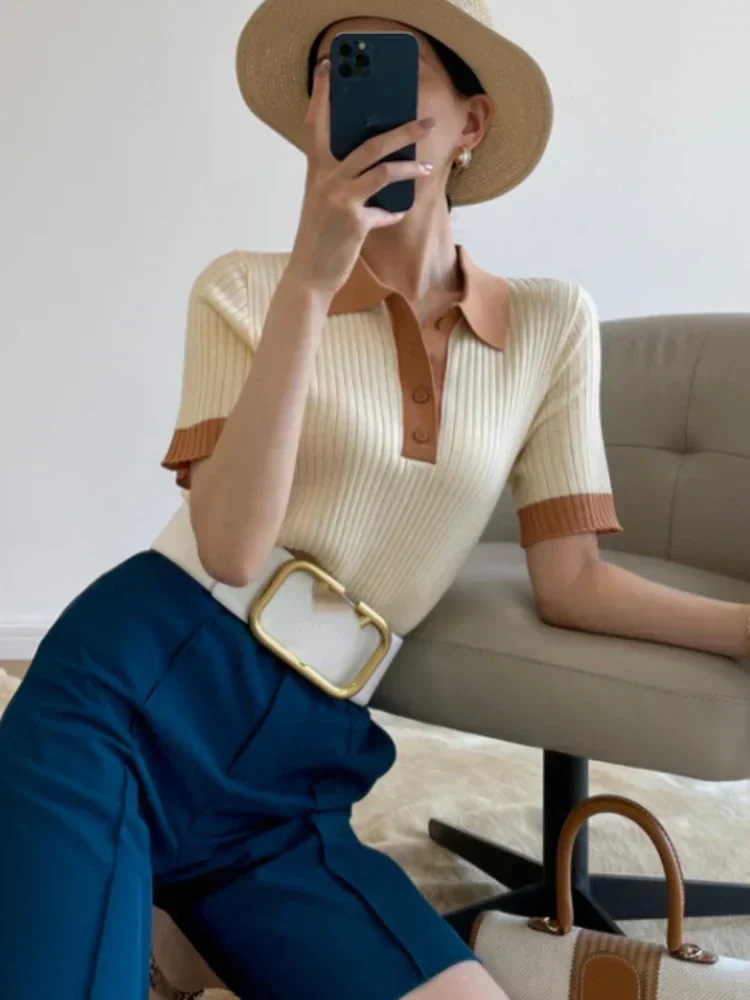 T-shirts d'été tendance pour femmes, T-shirt polo ajusté pour femmes, T-shirt en soie glacée tricoté à col, Crop top élégant en tricot