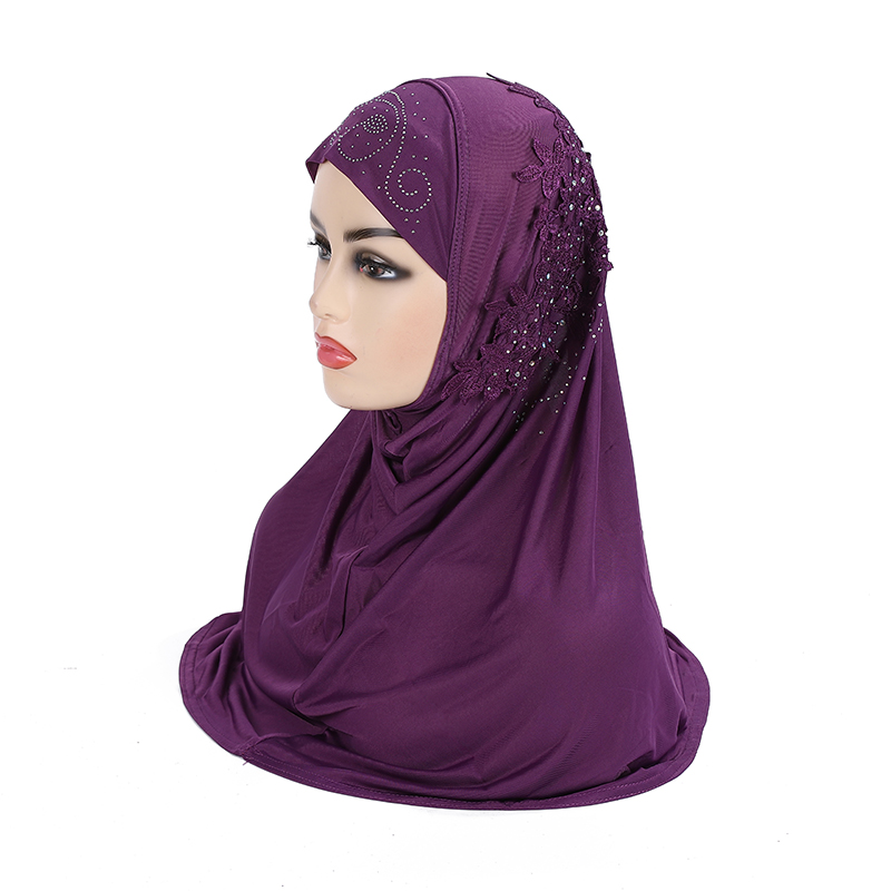 H027 Magnifique Hijab Musulman pour Adolescentes avec Dentelle et Pierres, Écharpe Islamique, Châle, Foulard, Chapeau Armia, à Enfiler, Cadeau de Ramadan