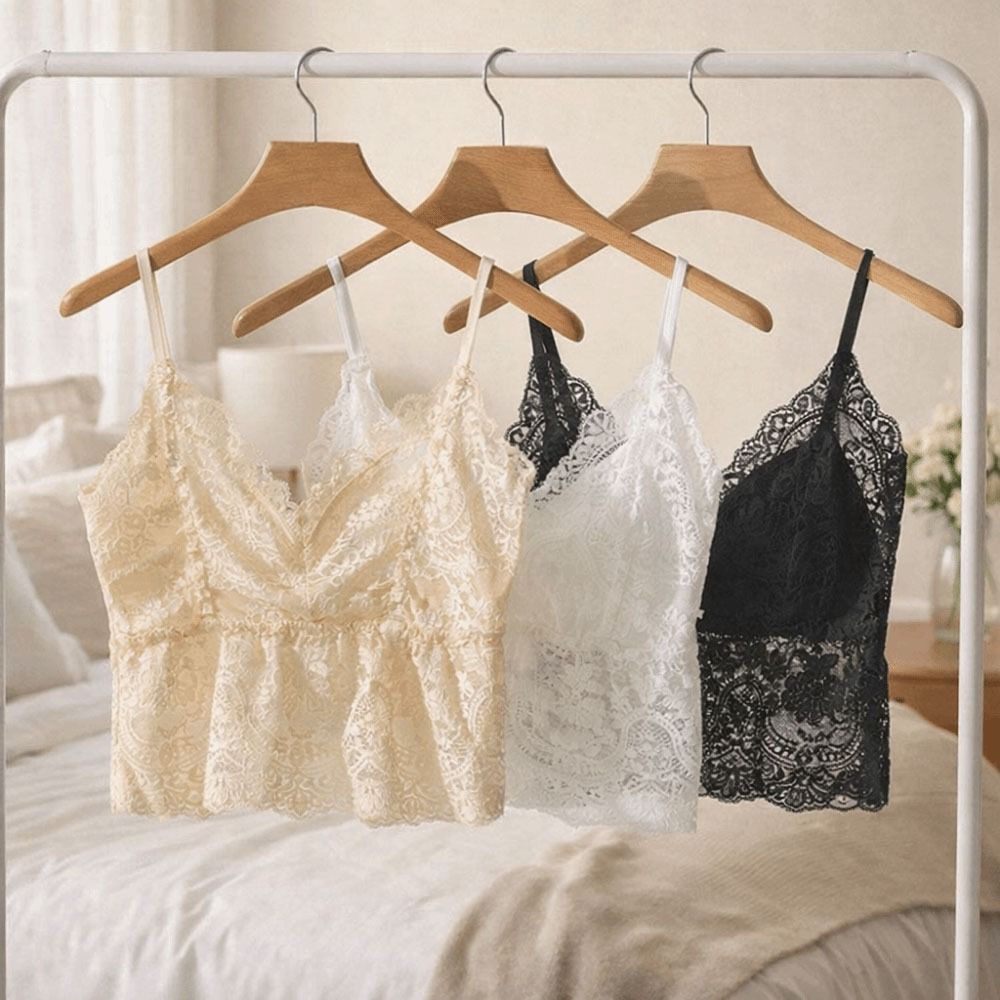 Débardeur court en dentelle française sans couture, à porter seul, pour fille, col en V avec coussinets de poitrine, camisole avec coussinets, sous-vêtement, débardeur