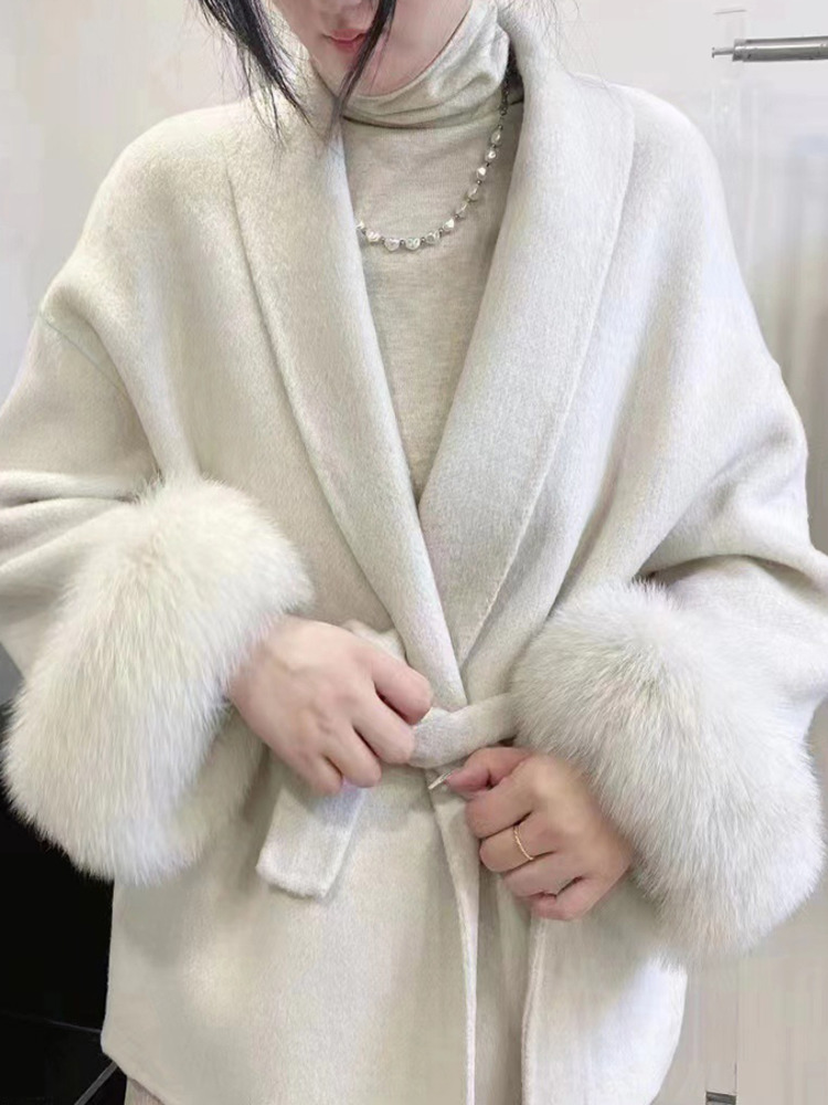 Manteau en laine patchwork de fourrure à manches longues pour femmes, pardessus élégants, beaux vêtements pour femmes, veste de bureau, avocat, automne, printemps, 2025