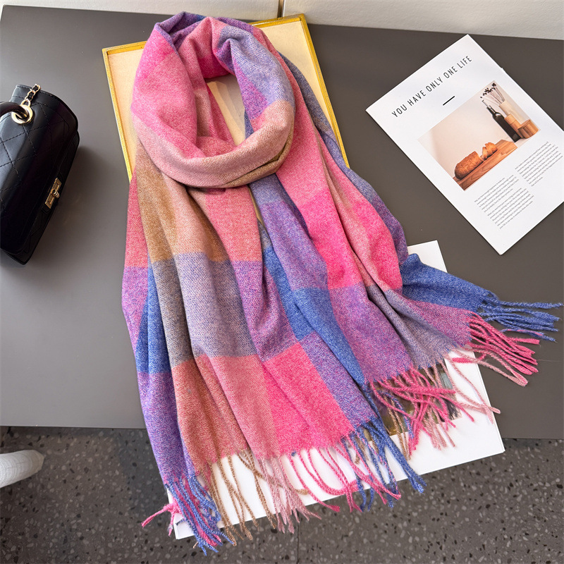 Écharpe de luxe en Imitation cachemire à carreaux arc-en-ciel pour femme, châles et enveloppes chauds, Pashmina épais, couverture féminine, hiver