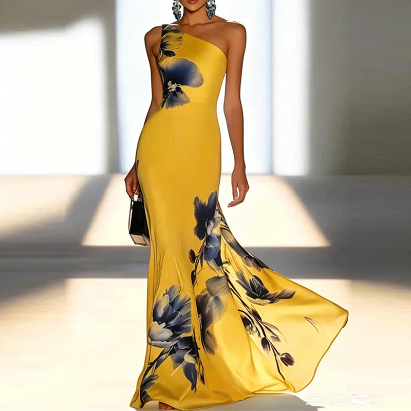 Robe de soirée élégante sans manches à découpes, taille haute plissée en mousseline, col bateau sexy, imprimé floral