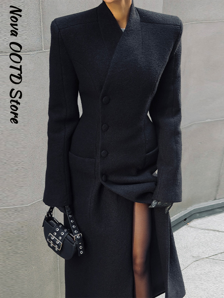 Manteau long en laine élégant à col châle et lacets pour femme, avec ceinture et revers, épais, collection automne-hiver 2026, chic et tendance