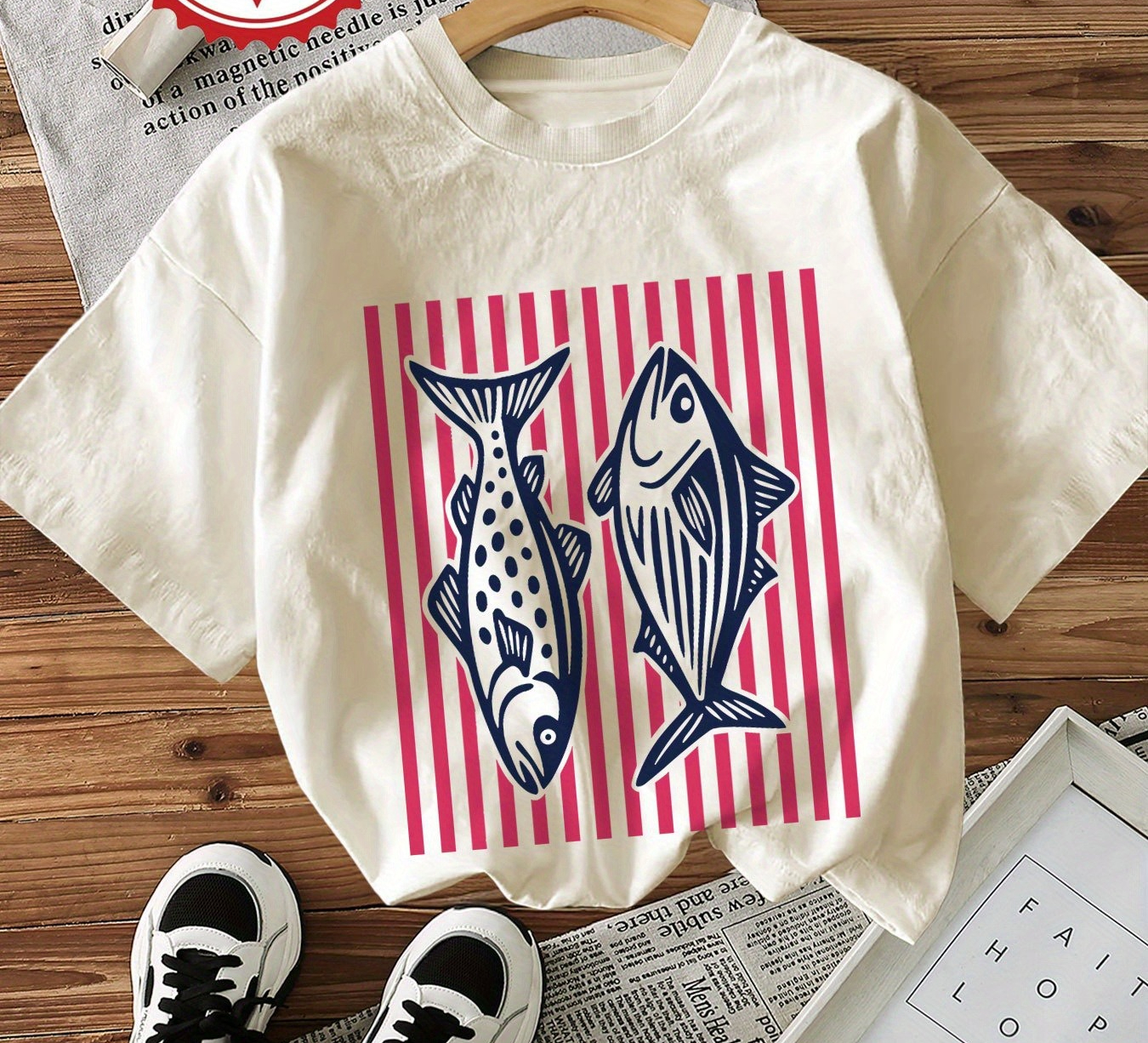 T-Shirt décontracté à manches courtes et col ras du cou pour femme, vêtement d'été doux et confortable, imprimé poisson et rayures, inspiré de l'océan