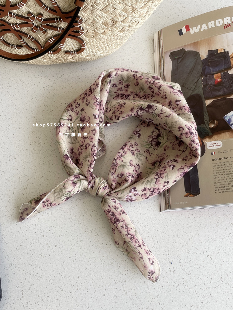 Foulard carré en coton et lin à pois floraux, style Mori littéraire, bandeau, sangle de sac, pour femme, populaire au Japon et en Corée