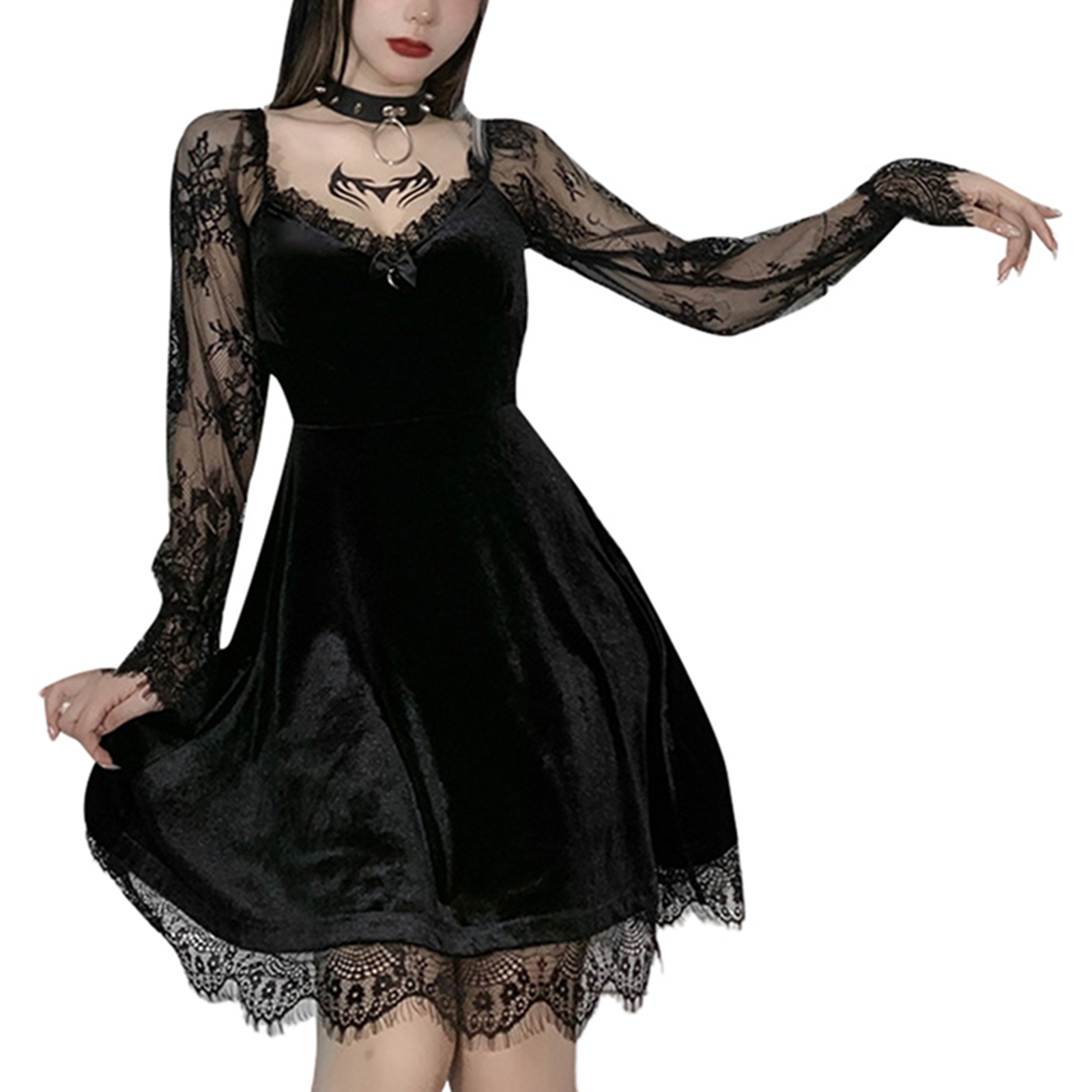Robe cousue en dentelle à manches longues pour femmes, sexy, gothique foncé, document solide, nouvelle mode, 2024