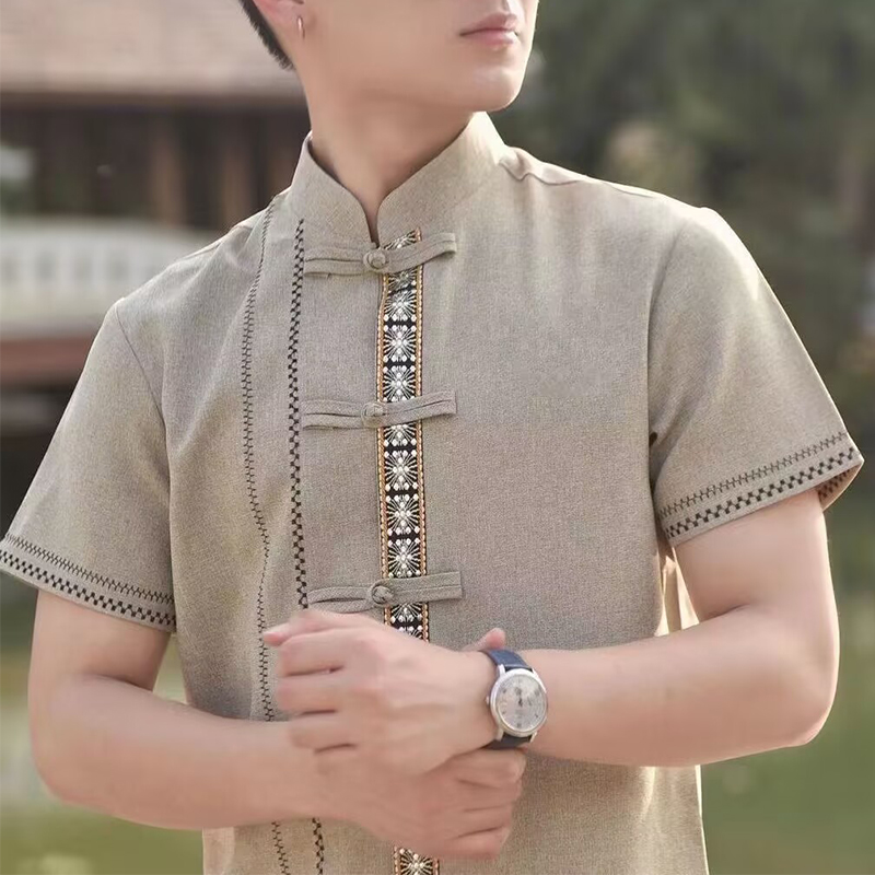 Chemises à col montant pour hommes, vêtements traditionnels Dai, hôtel, Restaurant, serveur, vêtements de travail, vêtements quotidiens, hauts ethniques vietnamiens thaïlandais