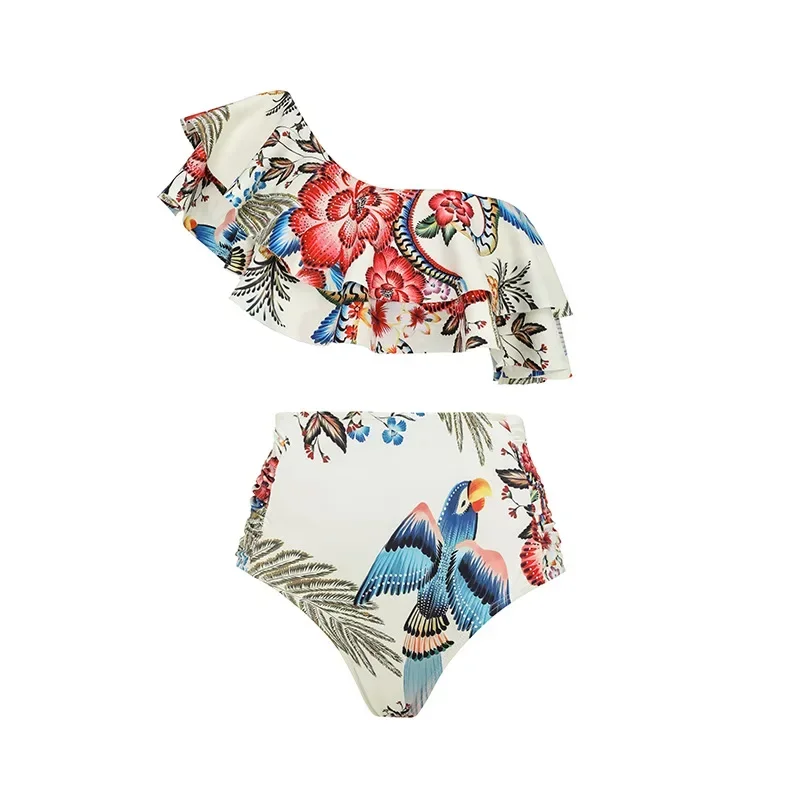 Bikini femme imprimé à volants maillot de bain une épaule Slash boutonnage Bikini deux pièces taille haute ventre Tuck maillots de bain nouveau