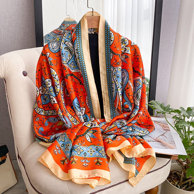 Écharpe en soie classique d'été 180x90cm pour femme, marque de luxe, châle bohème à motif cachemire, bandana, foulard, écharpe de plage pour femme