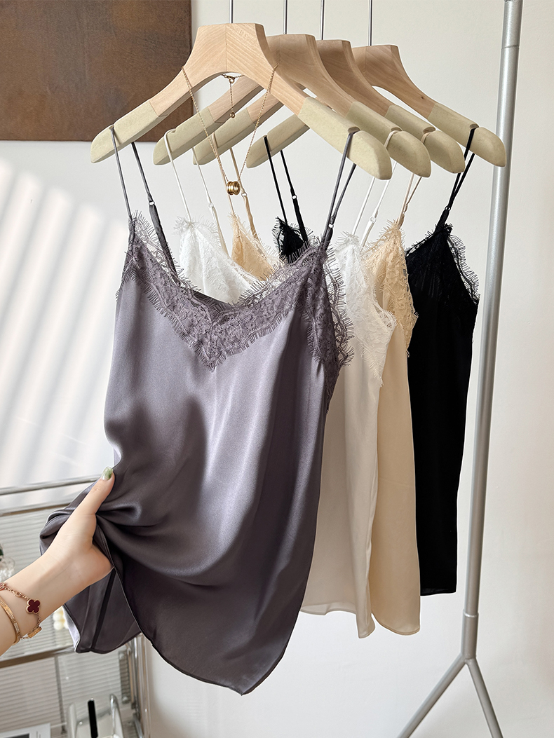 SuyaDream. Camis en soie pour femmes, col en V en dentelle, t-shirt Chic sans manches, 100% soie véritable, gilets d'été solides 2025