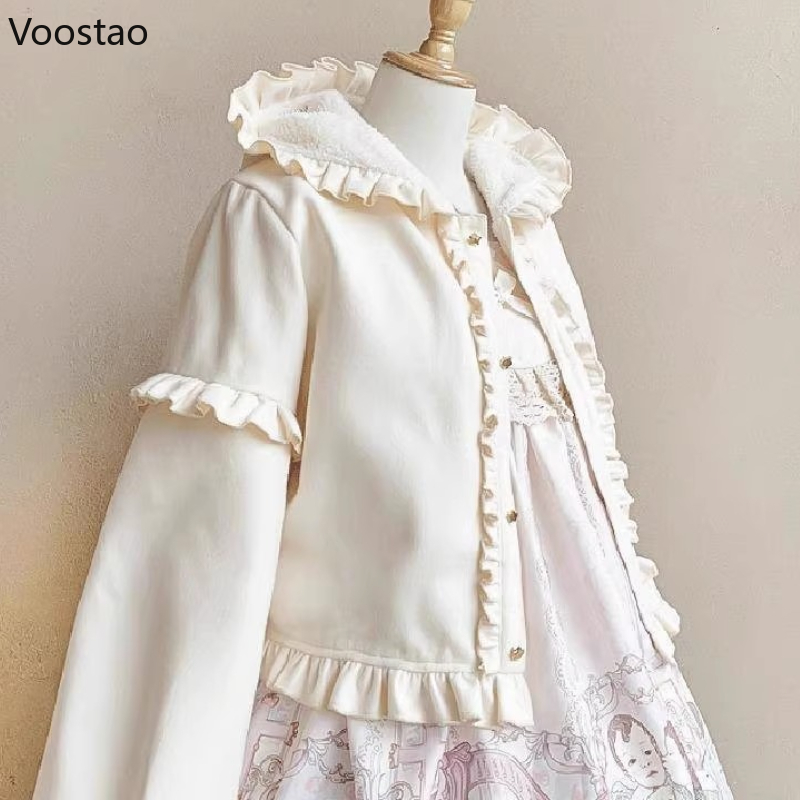 Doux Lolita femmes veste japonais Kawaii à capuche volants manteau Vintage automne hiver hauts vêtements d'extérieur chauds vestes de mode japonaise