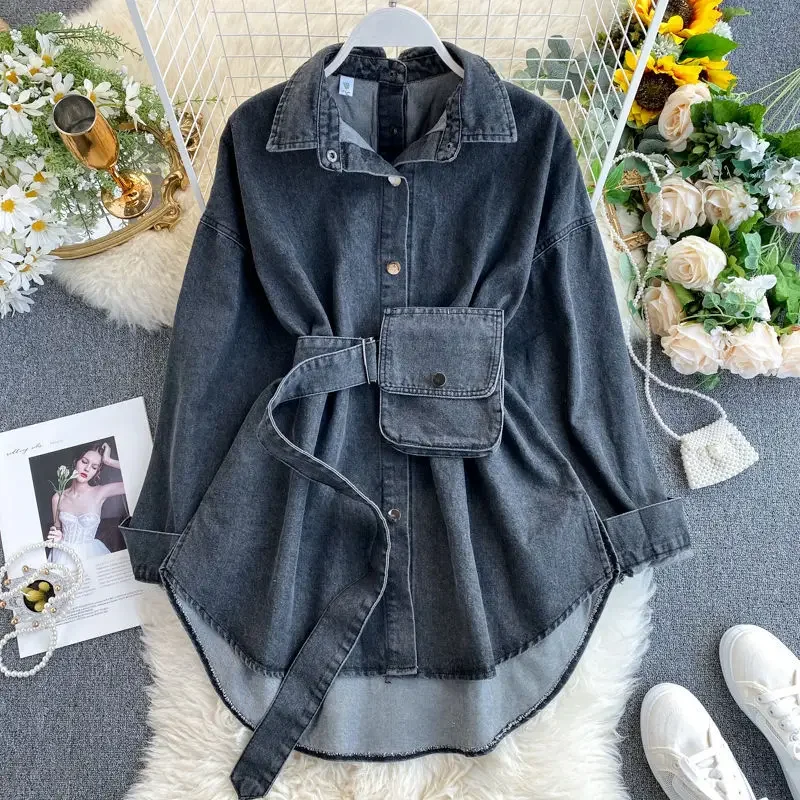 Chemises en jean pour femmes, chemisier lavé, vêtements d'extérieur, vestes, sangle, sac de taille, revers, simple boutonnage, Streetwear, surchemise, 2025