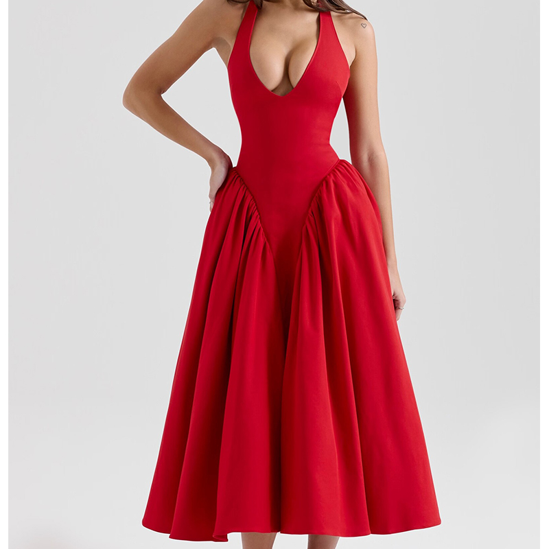 YENKYE rouge élégant mince robes de soirée femmes Sexy dos nu taille basse a-ligne Midi longue Robe licou Robe en coton
