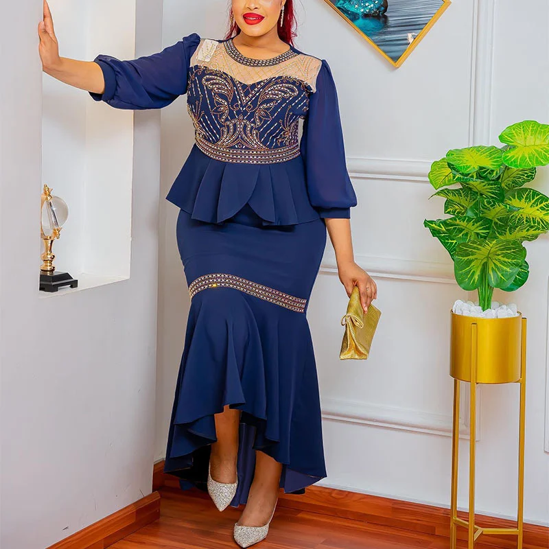 Vêtements de fête de mariage africains personnalisés pour femmes printemps femmes africaines à manches longues Polyester 2 pièces ensembles haut jupe correspondant S