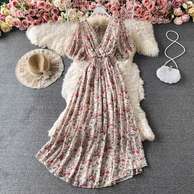 Robe longue en mousseline de soie à imprimé floral bohème pour femmes, robe de plage sexy à col en V et manches courtes, robe d'été pour les vacances, Vestidos