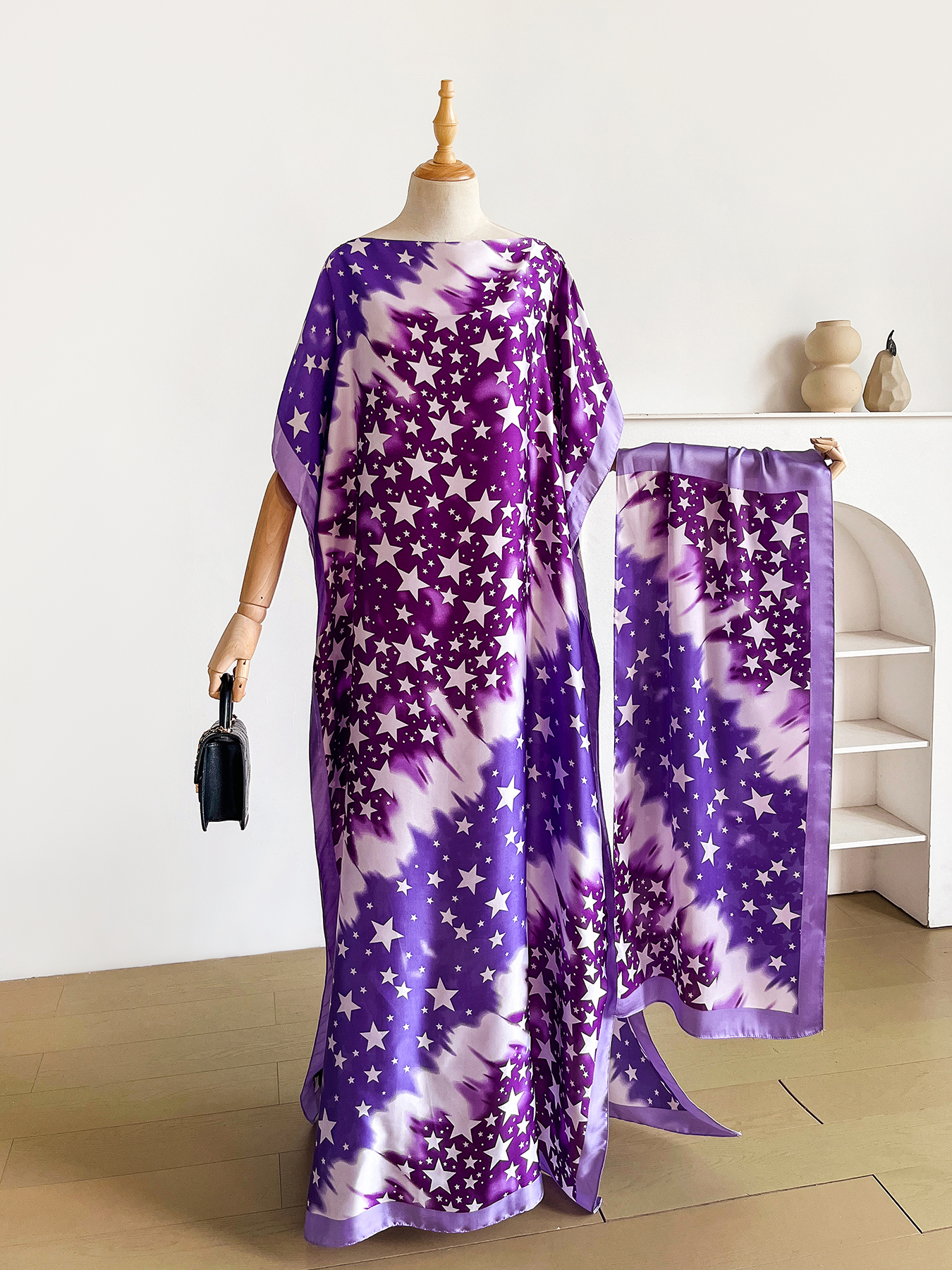 Abaya d'été bohème à imprimé tie-dye avec foulard assorti, robe maxi kaftan ample pour femmes musulmanes africaines, tenue de plage pour les vacances