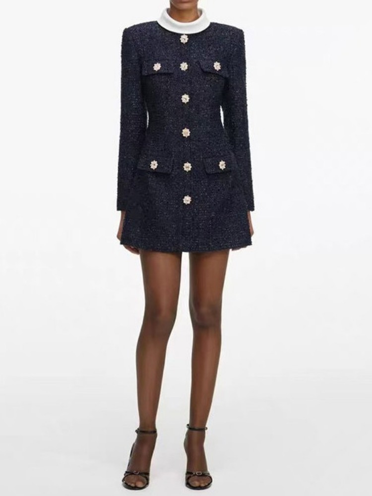 Robe Mini en Tweed pour Femme, Coupe Ajustée, Taille Haute, Col Montant, Manches Longues, Élégante, Coupe Évasée, Style Printemps, Idéale pour le Bureau