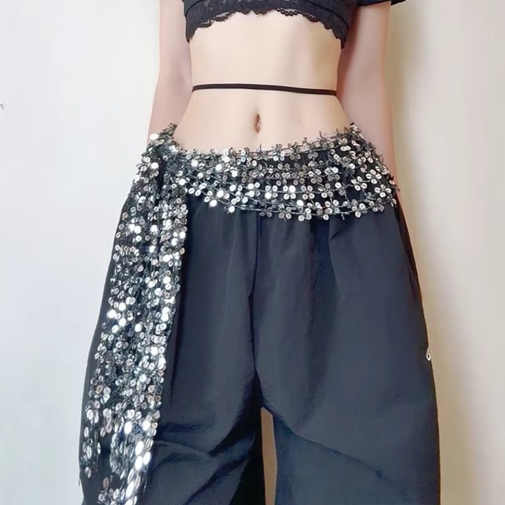 Ceinture de danse ajustable style hip-hop avec pompons et sequins brillants, jupe enveloppante