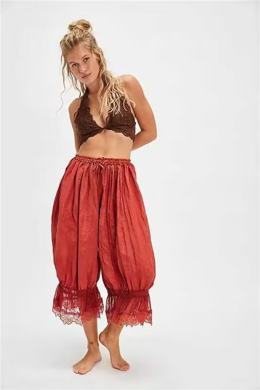 Pantalon Bloomers pour Femme Y2K avec Dentelle, Pantalon Vintage à Volants Mignon, Pantalon Long Coupe Citrouille, Bas de Pyjama Capri, Tenue Décontractée Streetwear