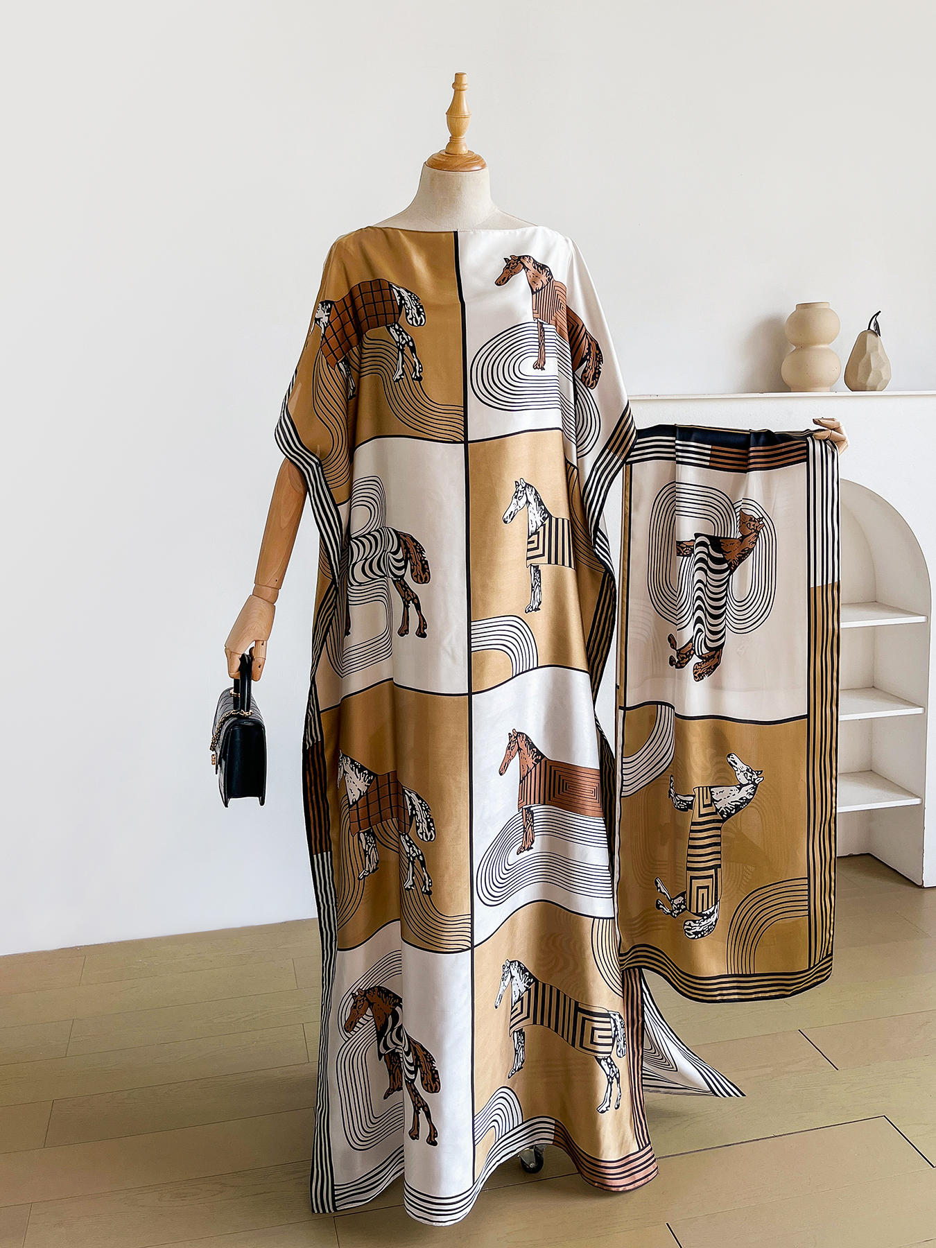 Ensemble Abaya en satin de soie imprimé cheval de luxe avec hijab assorti, robe maxi kaftan ample à manches chauve-souris pour femmes musulmanes africaines