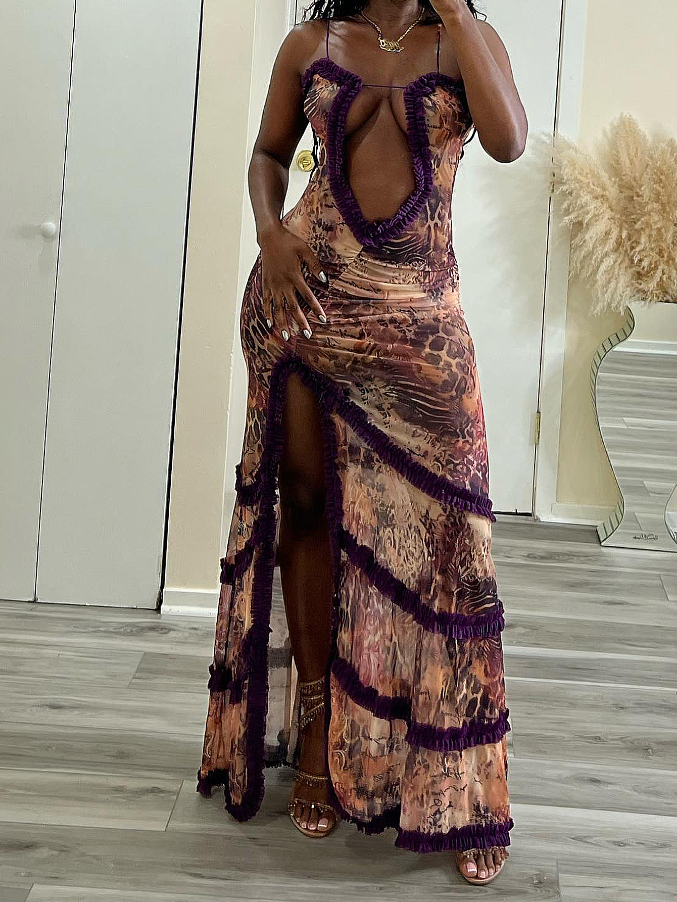 Robe sexy pour femmes, ligne creuse, fente haute, robe fendue en dentelle plissée