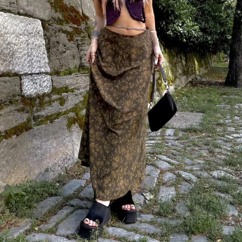 Robe d'été pour femmes, style vintage, jupe à motif imprimé feuilles brunes, taille basse, jupes à fleurs, tenues de plage, streetwear Y2k