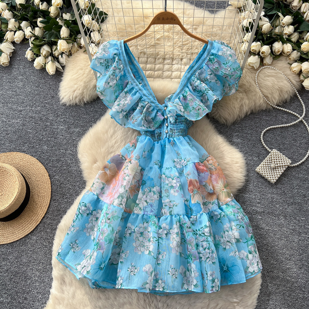Robe Courte Femme Coupe Trapèze Y2K Streetwear Col V Sans Manches Imprimé Floral Élégante Volants Soirée Travail 2026