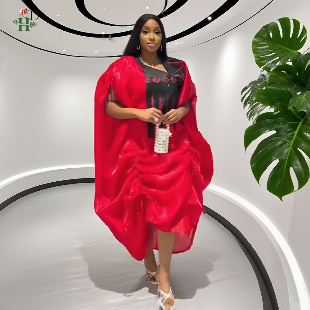 H & D femmes africaines grande taille vêtements nouveauté col en v manches chauve-souris brodé froncé Robe irrégulière Robe de mariée Robe Bubu
