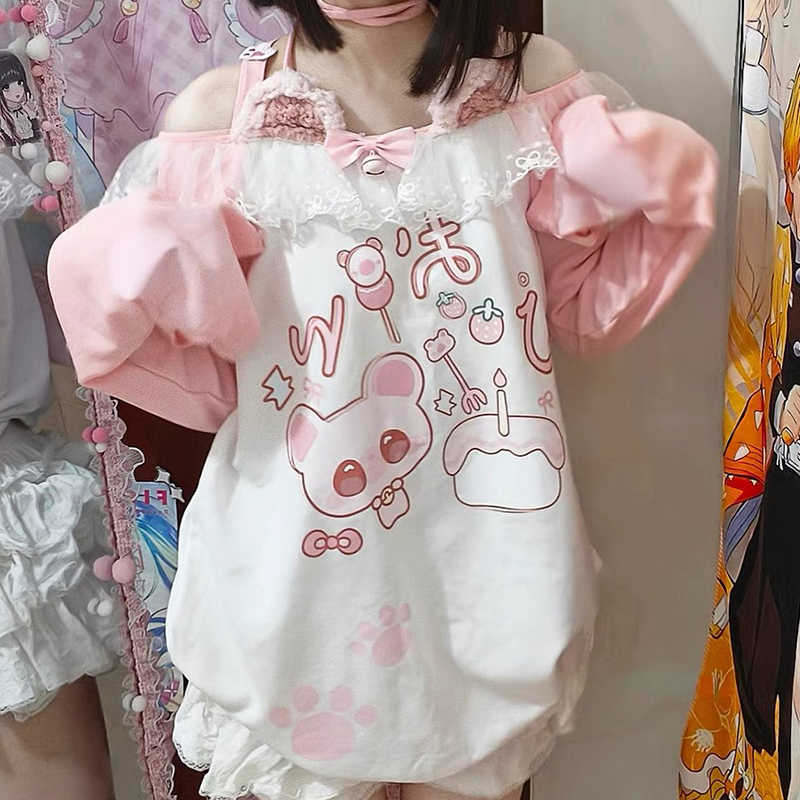 T-shirt à manches longues Anime imprimé arc-en-ciel pour femmes, vêtements Kawaii, conception de fouet Halter, sous-culture rose, mode automne, nouveau