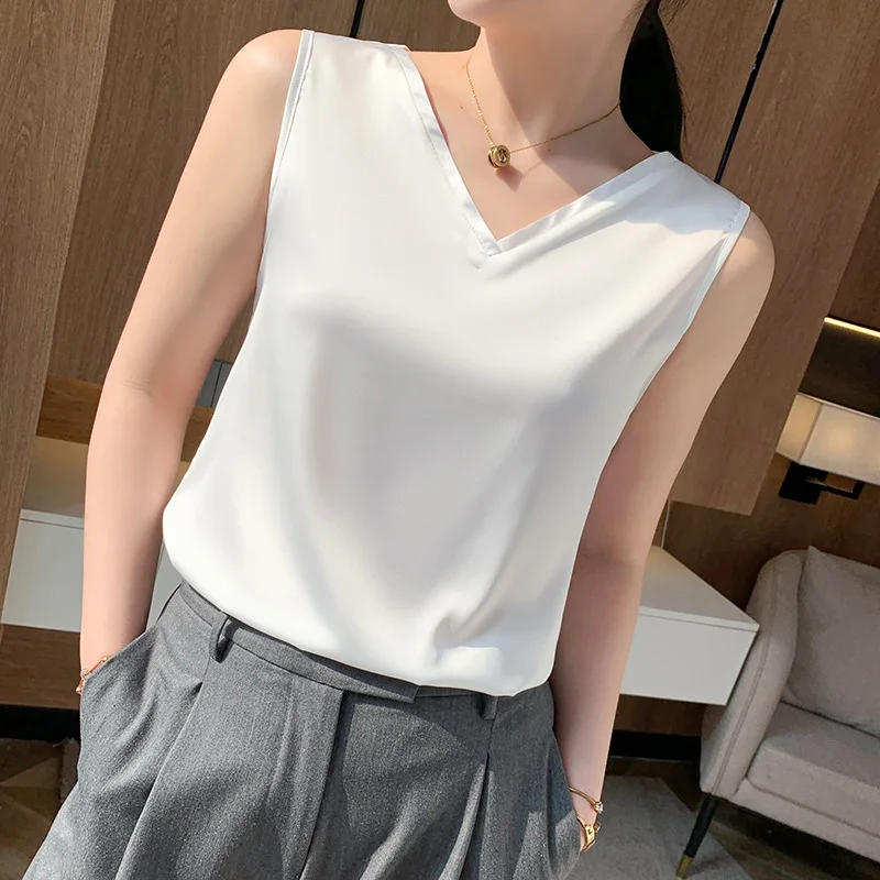 Débardeur d'été en soie pour femme, col en V, épaules larges, couleur unie, sans bretelles, pour le quotidien