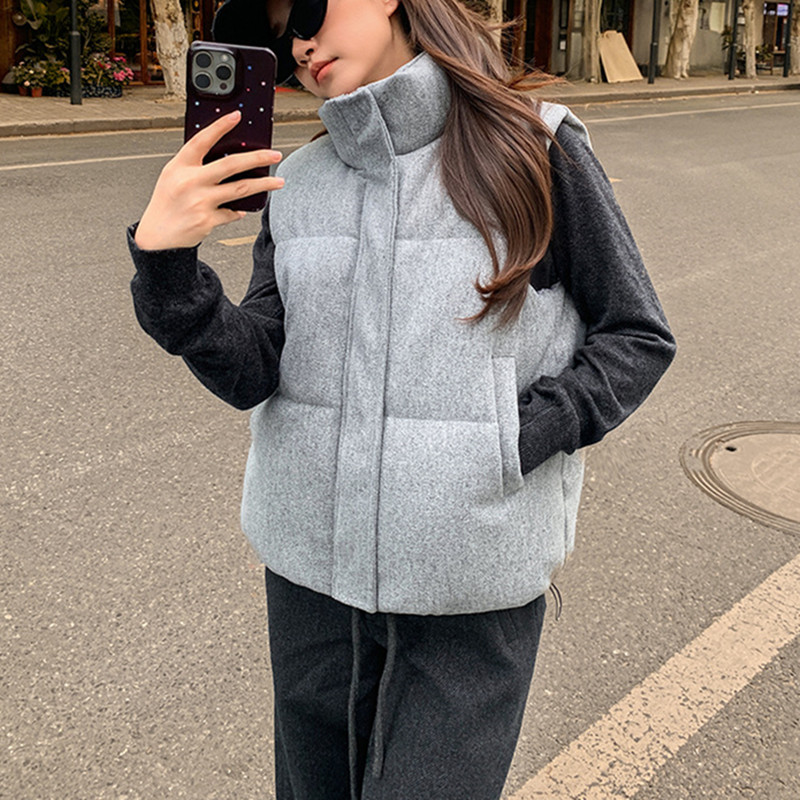 Gilet court en coton pour femme, nouvelle mode coréenne, sans manches, col montant, fermeture éclair, noir et gris, automne hiver