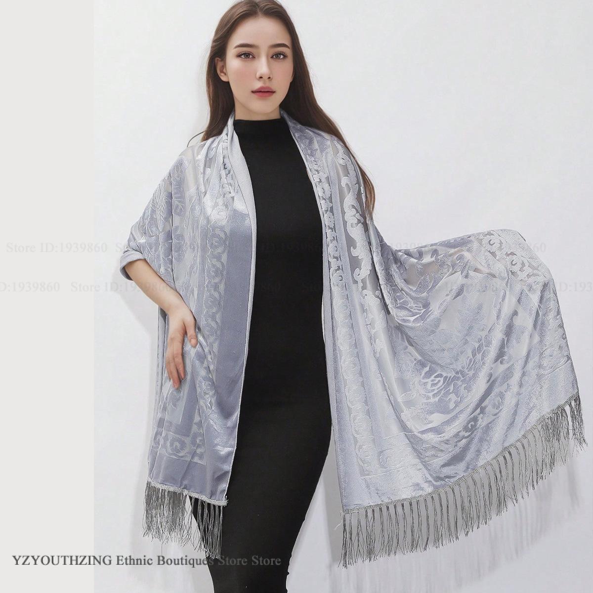Femmes velours écharpe châle femme longue Jacquard foulards Noble châle automne printemps Poncho Wrap luxe Pashmina gland cape Bufanda