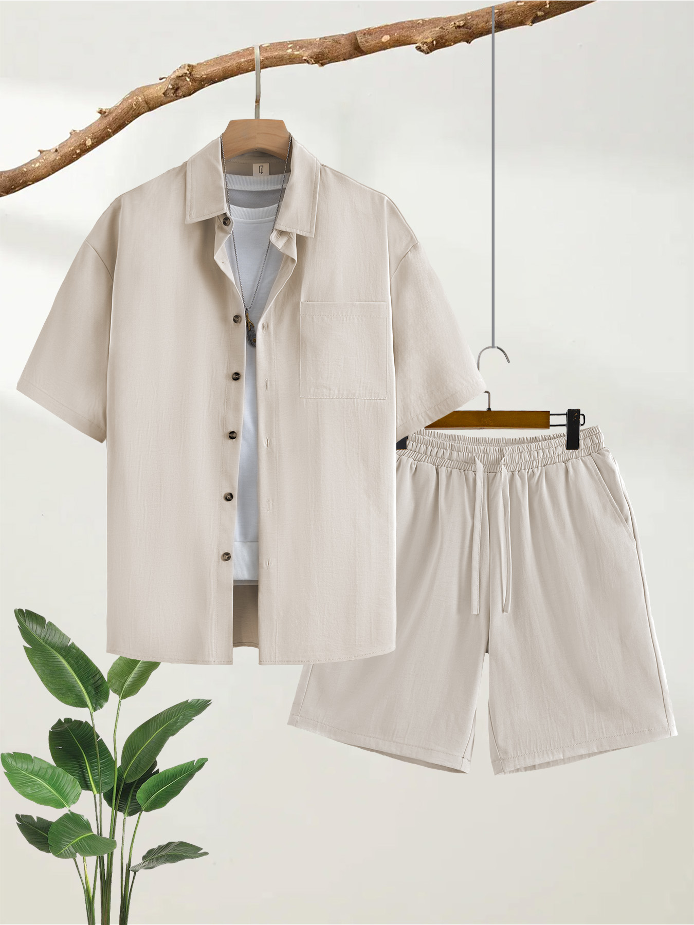 Ensemble deux pièces pour homme : chemise à manches courtes effet coton et short cinq-quarts, style décontracté et ample pour l'été, tenue de travail complète