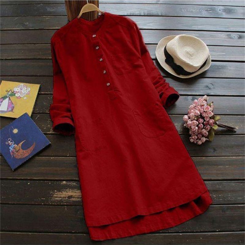 Robe chemise pour femme en coton et lin, boutonnée, ample, à manches longues, mi-longue, unie, décontractée, pour le bureau, printemps automne