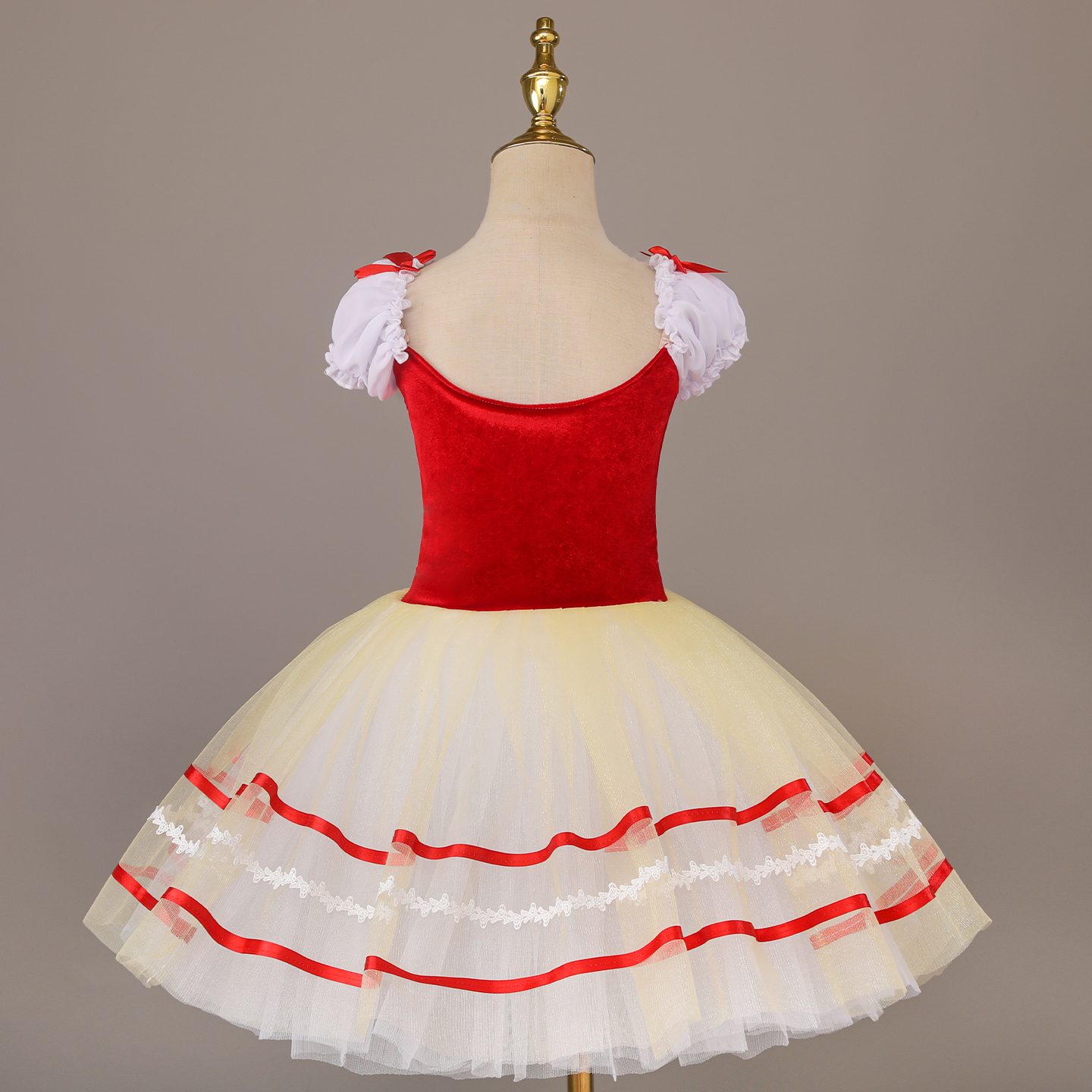 Robe de tutu de ballet professionnelle, jupe en tulle gaze coupe trapèze, rouge et blanc, manches bouffantes, nœud, costume de danse pour scène de princesse fée