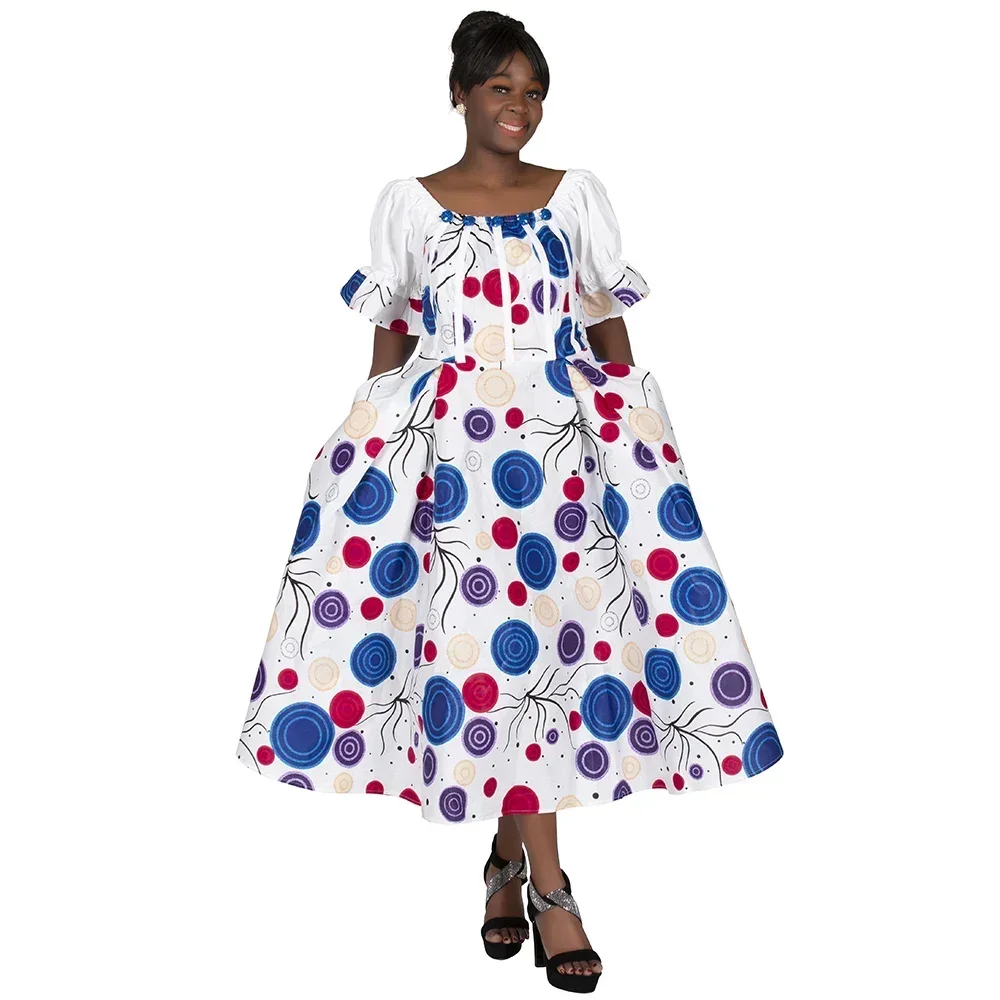 Robes de style africain pour femmes, robe de princesse Ankara, manches bouffantes, taille haute, vide, WY9970