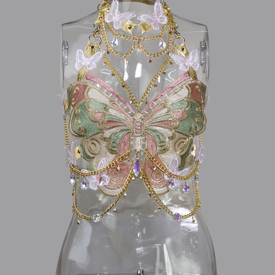 Haut court papillon brodé pour femme, col licou rose, robe dos nu sexy avec tour de cou, pendentif JOCrystal en métal drapé
