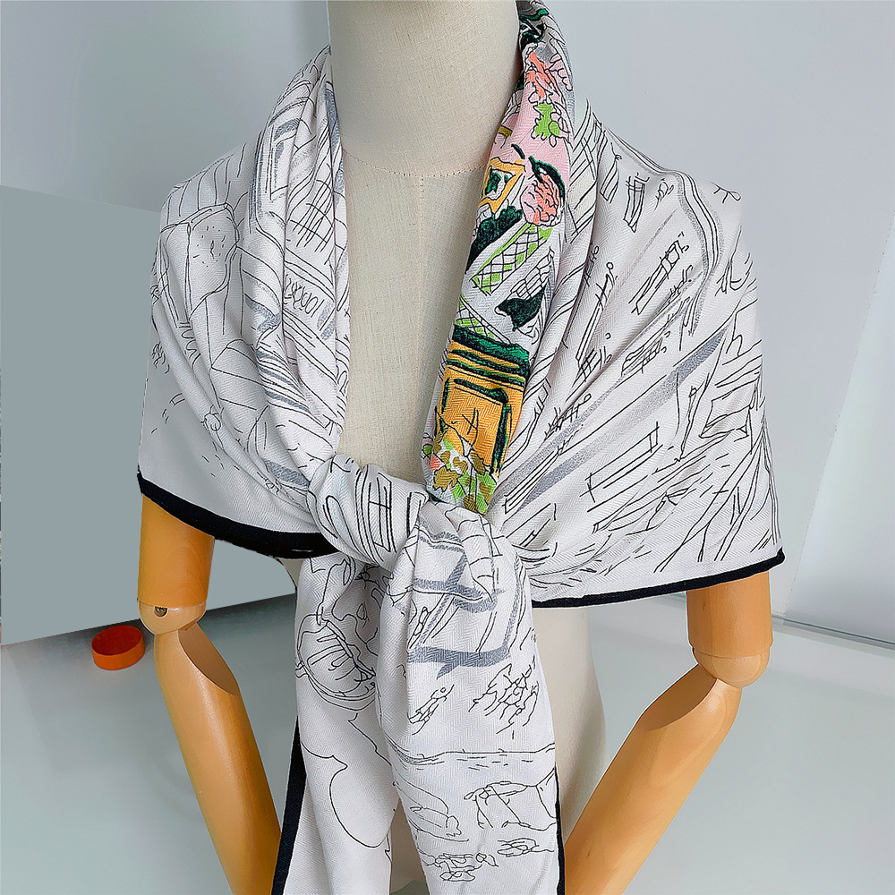 Écharpe en Cachemire pour Femme, Châle Roulé à la Main, Imprimé Ville de Nuit, Carré, Bandana, Grands Hijabs, 130cm